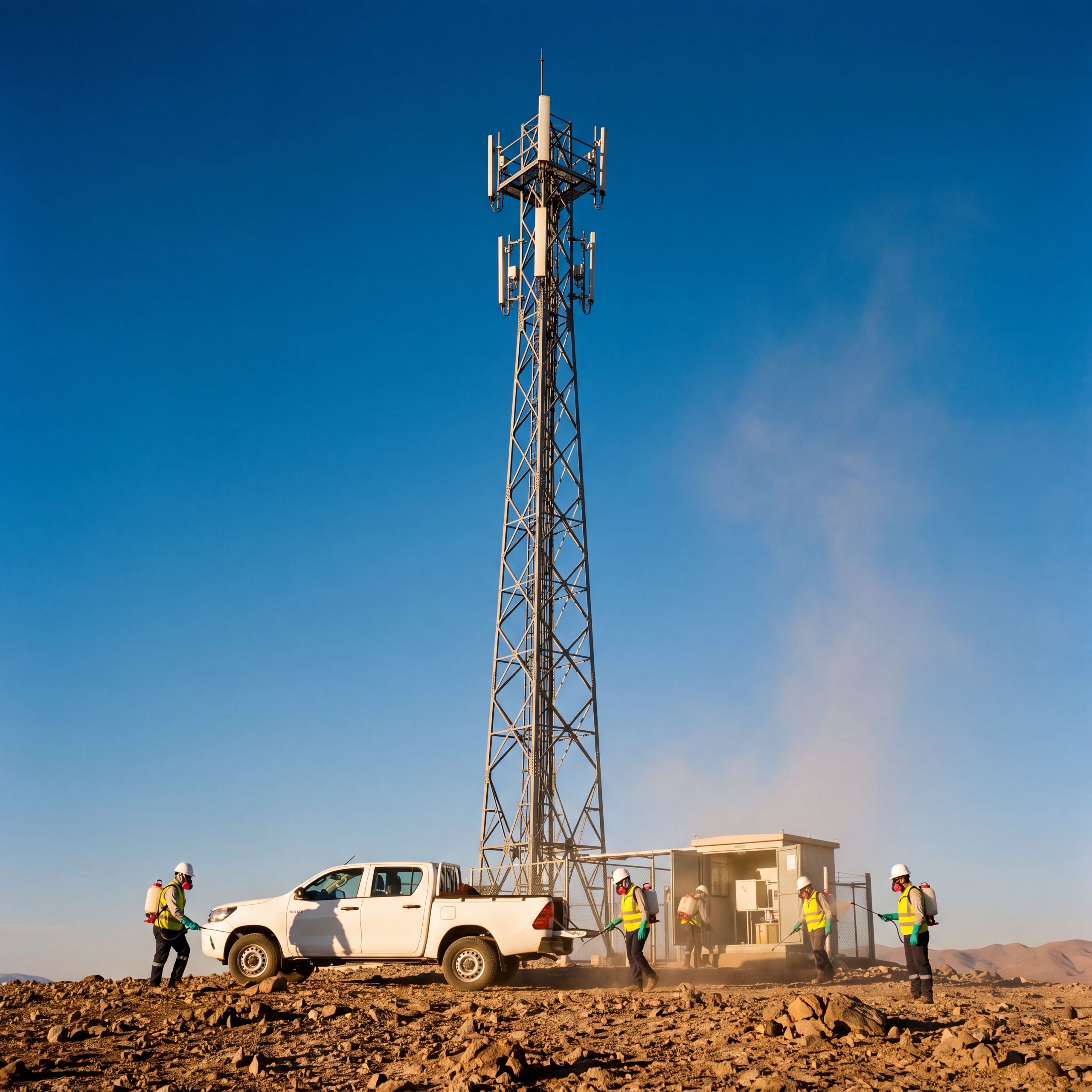 Cuadrilla SERVISAMA aplicando control de plagas en la base de una antena de telecomunicaciones en el desierto