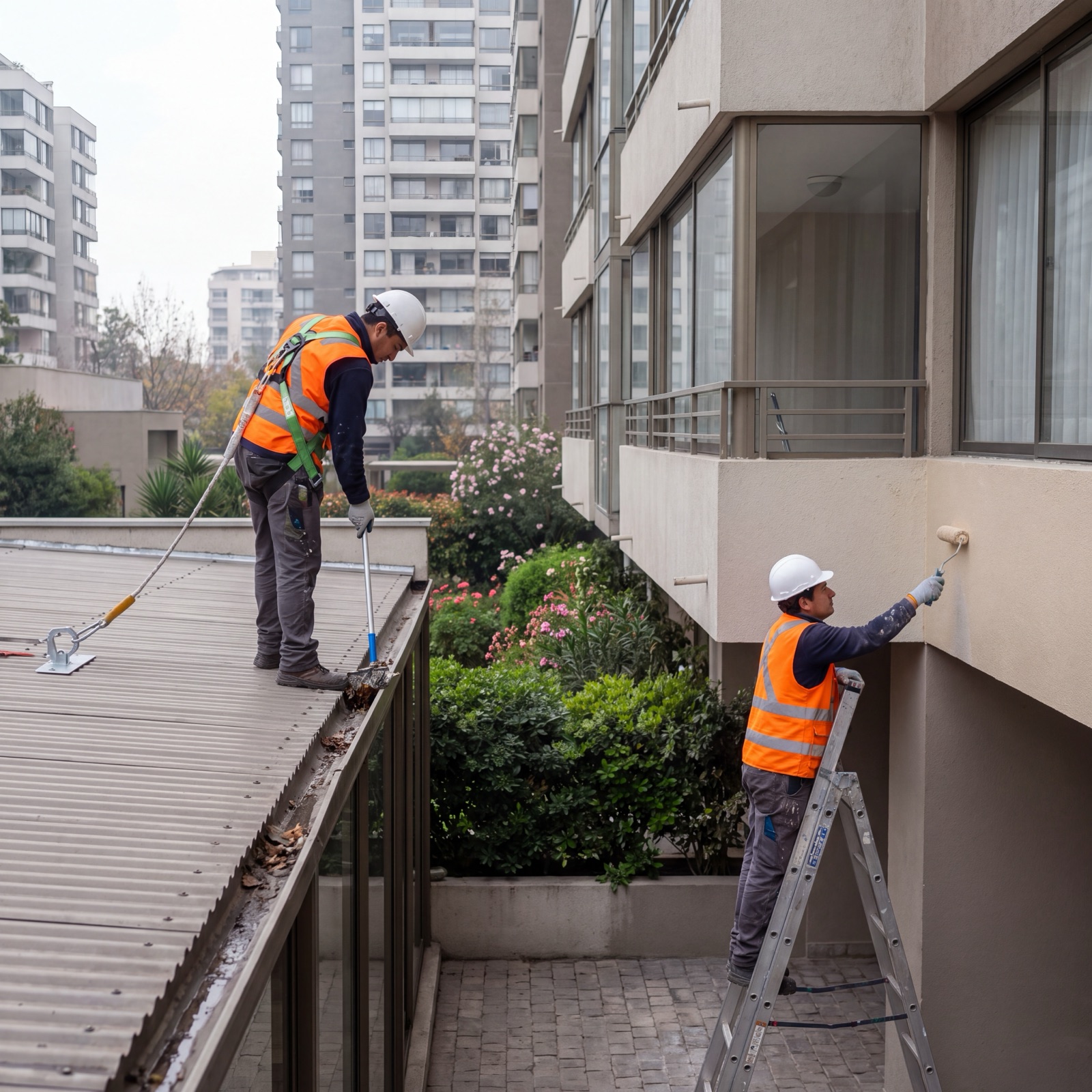 Cuadrilla SERVISAMA pintando y manteniendo un condominio