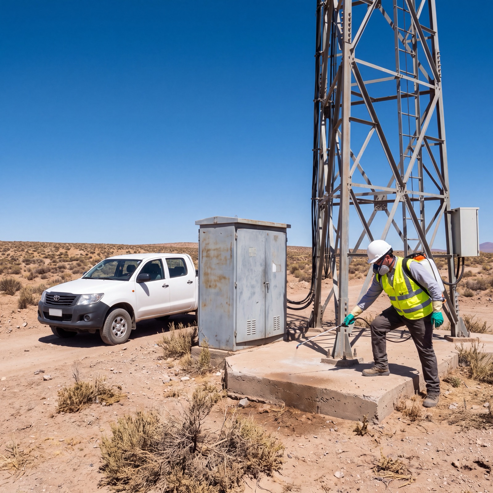 Técnico SERVISAMA trabajando en la base de una antena de telecomunicaciones